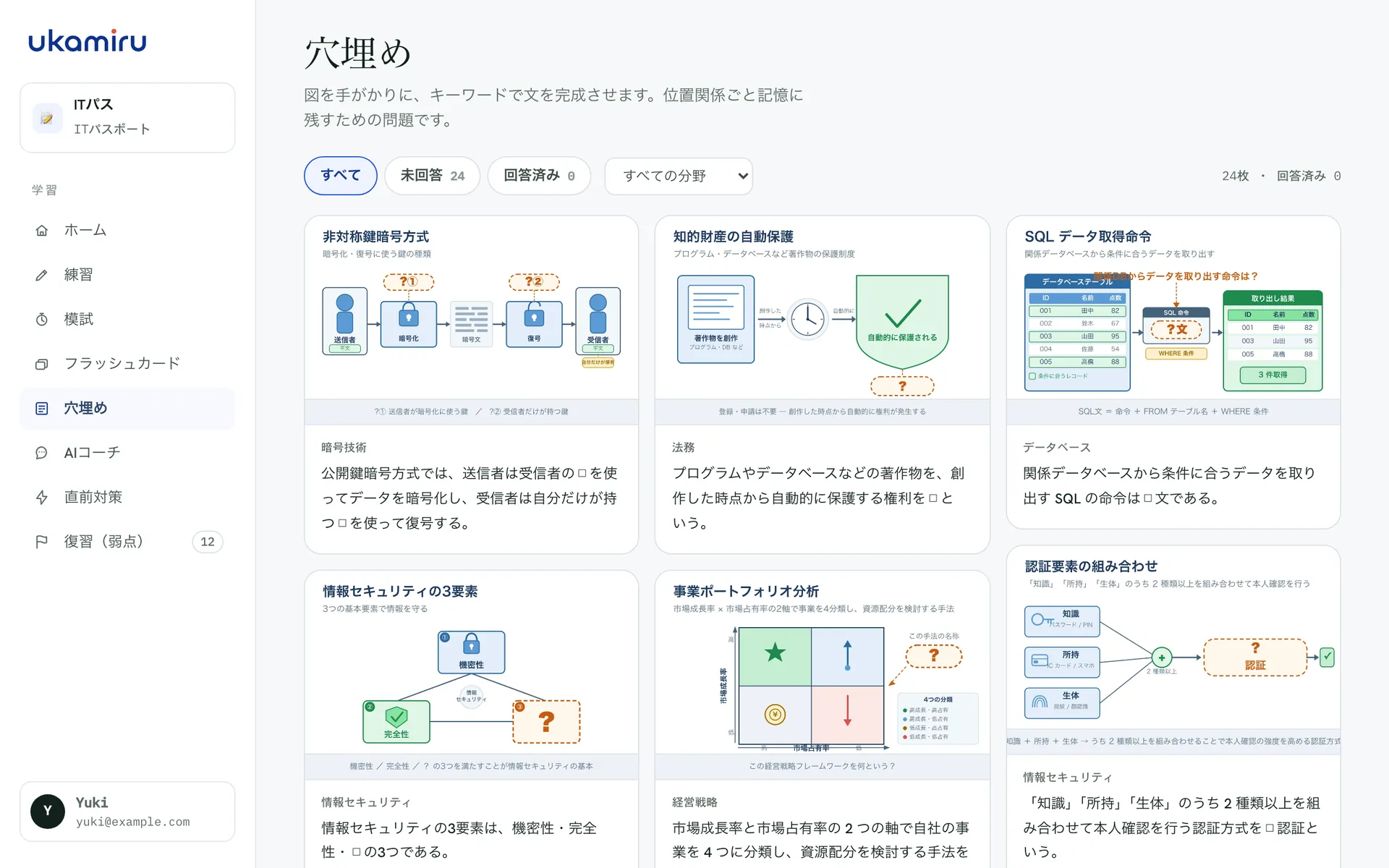 穴埋めの一覧画面:図つきのカードが並び、回答済みは色で区別されている
